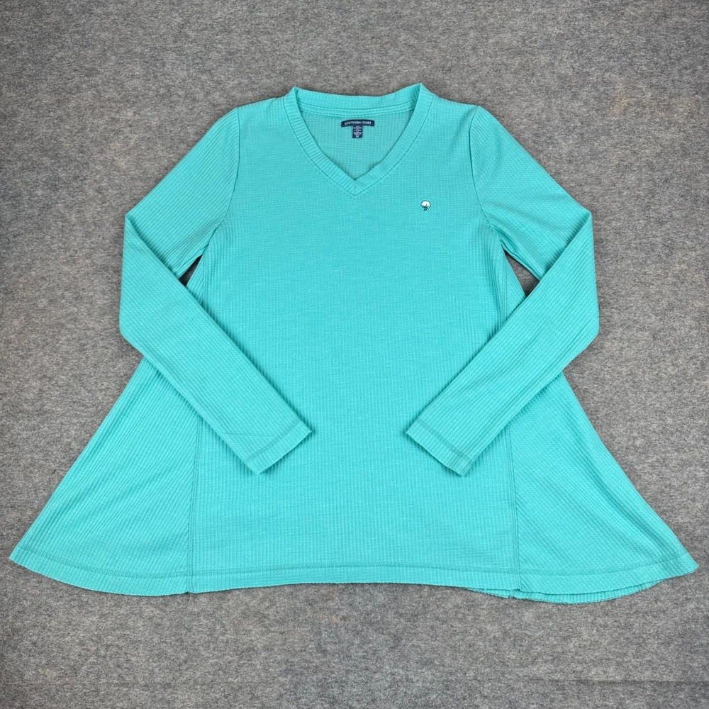 Southern Shirt V-Neck Waffle Knit Shirt Blue Womens Medium M